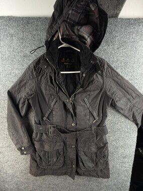 Barbour Rebel Waxed Jacket Women Full Zip Black Insulated USA 6 Hooded Belted